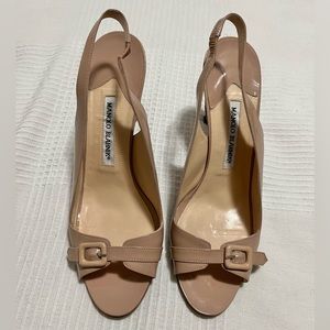 Manolo Blahnik patent leather sling back nude heels